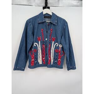Vintage Life Style Cat Chambray Button Down USA Embroidered Women's PP